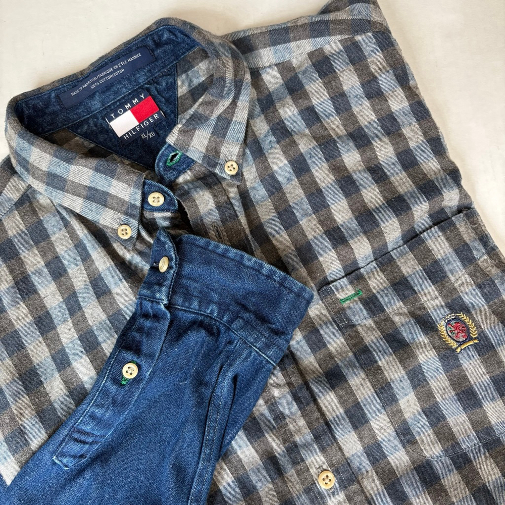 Men's Tommy Hilfiger Plaid Denim Shirt Blue/Gray Size XL